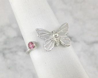 Ring, October Birthstone Ring, Pink Stone Ring, Butterfly Ring, Solitaire Ring, Friendship Ring, Butterfly Jewelry, Gift for Sis