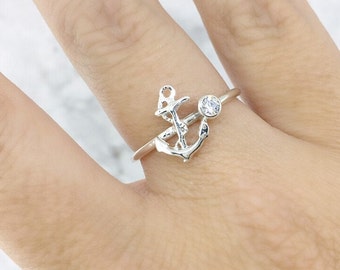 April Birthstone Anchor Ring made of Sterling Silver, Navy Wife Jewelry, Anchor Jewelry with a Gemstone, Diamond Simulant Ring