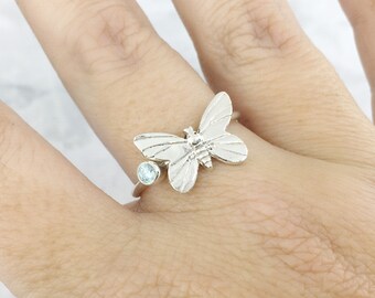 Birthstone Butterfly Ring, March Birthstone Jewelry, Something Blue Gift, Gift for Teacher, Gift for Grandmother, Gift for Mom