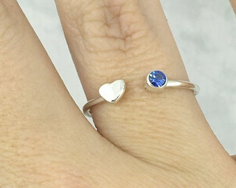Sterling Silver Heart Ring for Her, September Birthstone Ring For New Mom, Blue Heart Ring, Open Ring