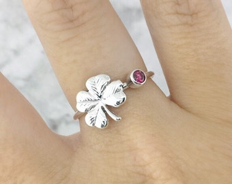 January Birthstone Ring for Her, Lucky Ring, Personalized Ring for Women, Silver Clover Ring