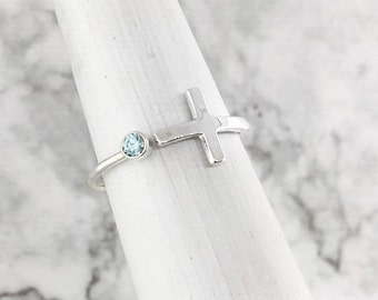 Silver Cross Ring, March Birthstone Ring, Something Blue Ring