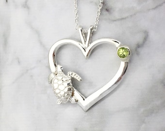 August Birthstone Pendant, Green Gemstone, Turtle Heart Pendant, Birthstone Jewelry, Sea Turtle Jewelry, 2
