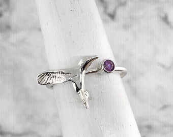 Bird Jewelry, February Birthstone Ring, Purple Stone Ring, Silver Hummingbird Ring