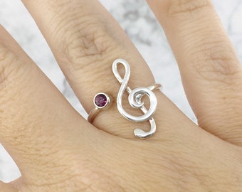 January Birthstone Ring, Treble Clef Ring, Music Note Jewelry, Garnet Red Gemstone Ring