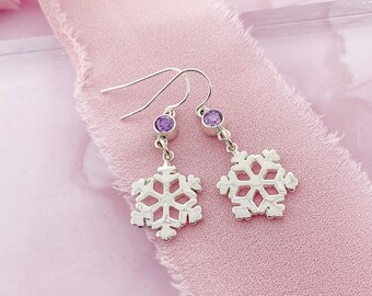 Sterling Silver February Birthstone Snowflake Drop Earrings for Her, Purple Birthstone Dangle Earrings