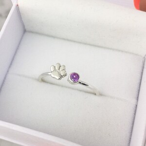 February Birthstone Ring with a Paw Print Detail, Sterling Silver Personalized Gift for Pet Lovers image 3