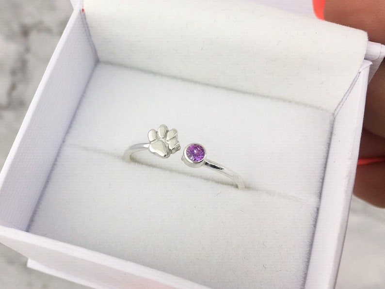 Personalized Paw Ring Pet Parent Gift Purple Gemstone Ring February Birthstone Ring Paw Print Jewelry
