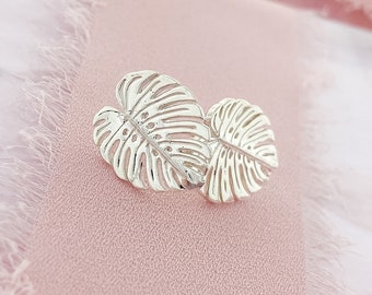 Sterling Silver Monstera Leaf Earring Studs, Silver Earrings, Tropical Leaf Jewelry, Stud Earrings, Statement Earrings