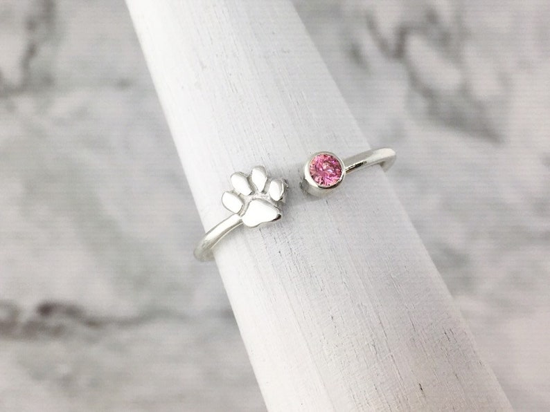 February Birthstone Ring with a Paw Print Detail, Sterling Silver Personalized Gift for Pet Lovers October