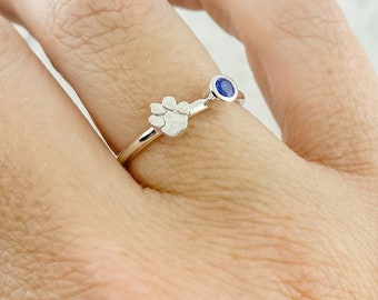 September Birthstone Ring, Dog Mom Gift, Paw Print Ring, Blue Gemstone Ring, Keepsake Ring, Paw Print Jewelry