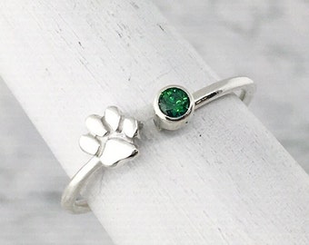May Birthstone Ring, Puppy Dog Paw Print Jewelry, May Gemstone Ring, Pet Parent Gift, Personalized Paw Ring