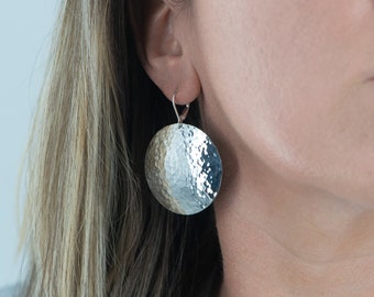 Large Dangle Earrings, Large Disk Earrings, Silver Circle Earrings, Silver Dangle Earrings, Hammered Earrings,