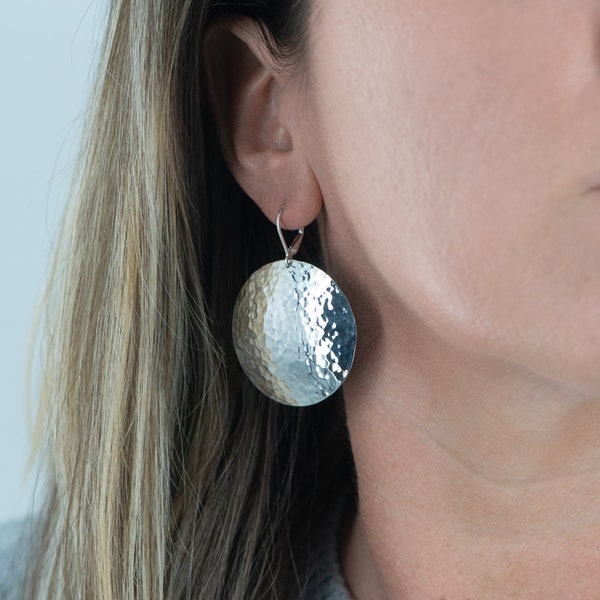 Large Dangle Earrings, Large Disk Earrings, Silver Circle Earrings, Silver Dangle Earrings, Hammered Earrings,