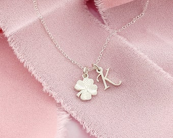 Silver Four Leaf Clover Necklace, Sterling Silver Initial Charm, Four Leaf Clover jewelry