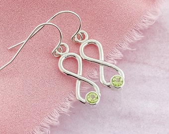 Silver Infinity Earrings with an August Birthstone, Infinity Dangle Earring, Sterling Silver Earring, Green Birthstone Jewelry