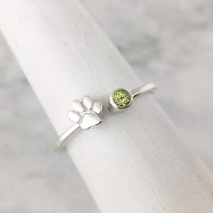 February Birthstone Ring with a Paw Print Detail, Sterling Silver Personalized Gift for Pet Lovers August