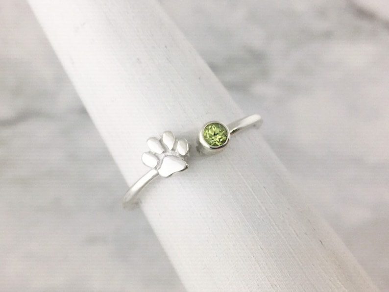 February Birthstone Ring with a Paw Print Detail, Sterling Silver Personalized Gift for Pet Lovers August