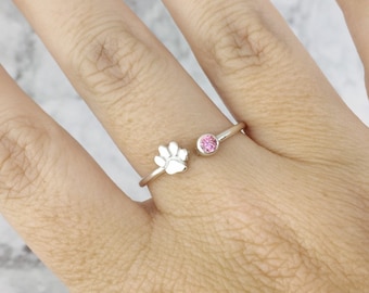 Paw Print Ring, October Birthstone Ring, Pink Gemstone Ring, Pet Parent Gift, Personalized Paw Ring, Puppy Print