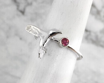 July Birthstone Ring, Red Stone Ring, Hummingbird Ring