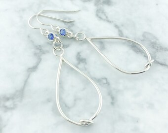 Blue September Birthstone Earrings, Long Love Knot Earrings, Dangle Birthstone Earring for Women