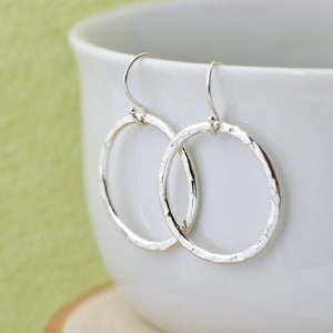 Sterling Silver Circle Earrings, Dangle Earrings, Hammered Silver Earrings, Open Circle Earrings