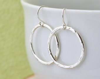Sterling Silver Circle Earrings, Dangle Earrings, Hammered Silver Earrings, Open Circle Earrings