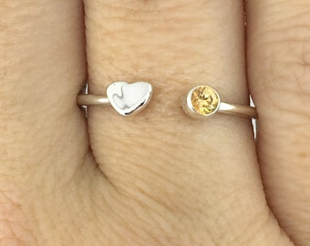 November Birthstone Ring, Tiny Heart Ring, Dainty Heat Ring, Yellow Stone Ring, November Birthday Gift