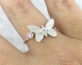 June Birthstone Ring, Sterling Silver Butterfly Ring, Dainty Butterfly Ring, Birthstone Jewelry, Gift for Mom