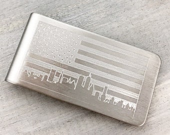 Boston Skyline Money Clip, American Flag Money Clip, US Flag, Personalized Gift, Engraved Gift, Military Gift, Gift for Dad, Gift For Him