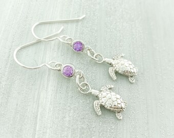 February Birthstone Earrings, Sterling Silver Sea Turtle Earrings, Purple Birthstone Jewelry, February Birthday Gift