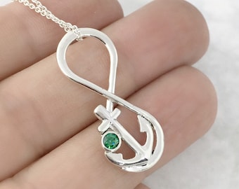 May Birthstone Necklace, Anchor Necklace, Nautical Jewelry, Emerald Green