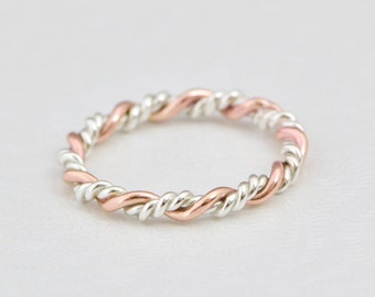 Silver and Rose Gold Twist Ring, Gold Stack Ring, Stacker Ring, Twisted Ring, Braid Ring for Her, Stacked Rings, Braided Ring, Twisty 1