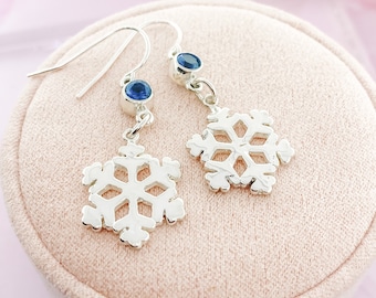 Sterling Silver Birthstone Drop Earrings for Her, December Birthstone Earring with a Silver Snowflake