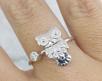 April Birthstone Ring for Her, Owl Friendship Ring, Sterling Silver Owl Ring with a Birthstone, Patronus Owl Jewelry,