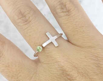 Religious Ring, Argentium Cross Ring, Birthstone Cross Ring, August Birthstone Ring, Green Stone Ring, Christian Ring