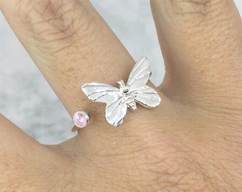 June Birthstone Ring, Sterling Silver Butterfly Ring, Dainty Butterfly Ring, Birthstone Jewelry, Band