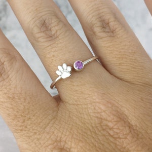 February Birthstone Ring with a Paw Print Detail, Sterling Silver Personalized Gift for Pet Lovers image 2