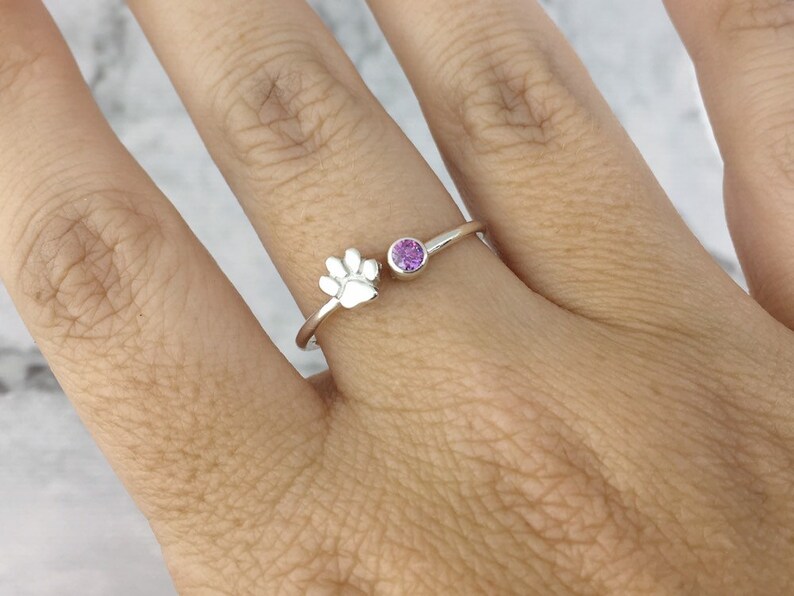 February Birthstone Ring with a Paw Print Detail, Sterling Silver Personalized Gift for Pet Lovers image 2