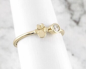 Dog Paw Print Ring, April Birthstone Ring, Gold Promise Ring, Dainty Gold Ring, Solitaire Ring, 92