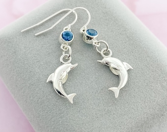 Silver Dolphin Earrings with a December Birthstone, Blue Birthstone Dangle Earrings for Her
