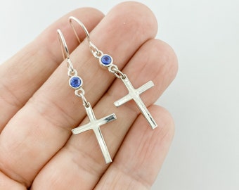 Silver Cross Dangle Earring with a September Birthstone, Blue Birthstone Drop Earring