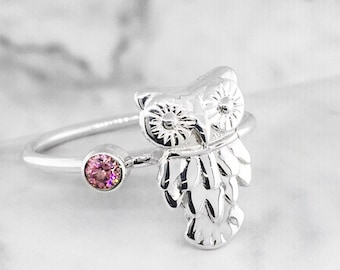 October Birthstone Ring, Pink Stone Ring, Silver Owl Ring, Birthday Gift