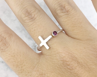 Sterling Silver Cross Ring, January Birthstone Ring, Promise Ring, Remembrance Ring