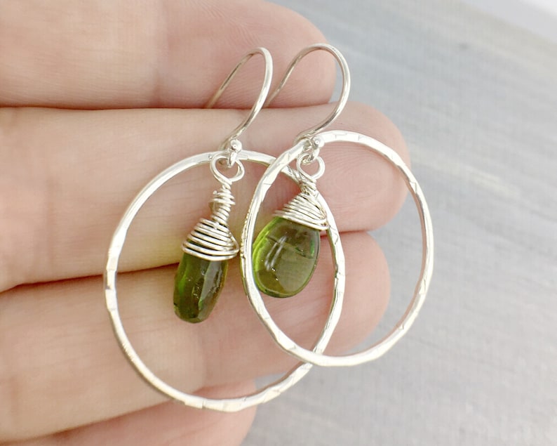 August Birthstone Green Dangle Earrings Silver Circle Earrings Stocking Stuffer Drop Earrings Earrings Peridot Gemstone Earrings