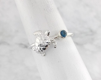 December Birthstone Ring, Silver Sea Turtle Jewelry, Blue Stone Ring, Something Blue Gift