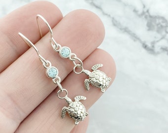 March Birthstone Dangle Earrings for Her, Sterling Silver Sea Turtle Drop Earrings, Blue Birthstone Jewelry, March Birthday Gift