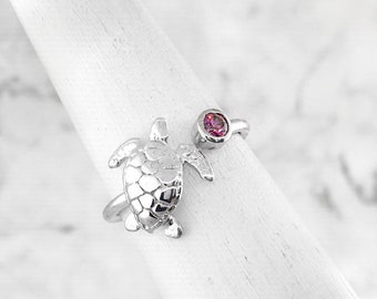 Sea Turtle Ring, July Birthstone Ring, Turtle Jewelry, Red Stone Ring, Personalized Ring, Birthstone Jewelry