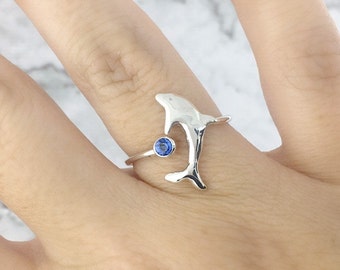 September Birthstone Ring, Sterling Silver Dolphin Ring