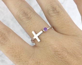 Cross Ring, February Birthstone Ring, Purple Stone Ring